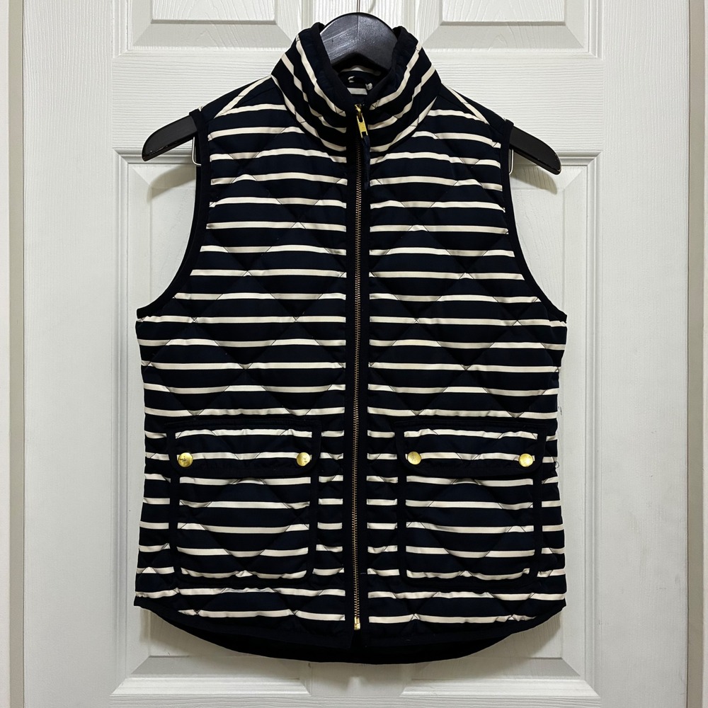 J.Crew Quilted Puffer Vest Down Filled Navy Blue White Striped XS Preppy Coastal